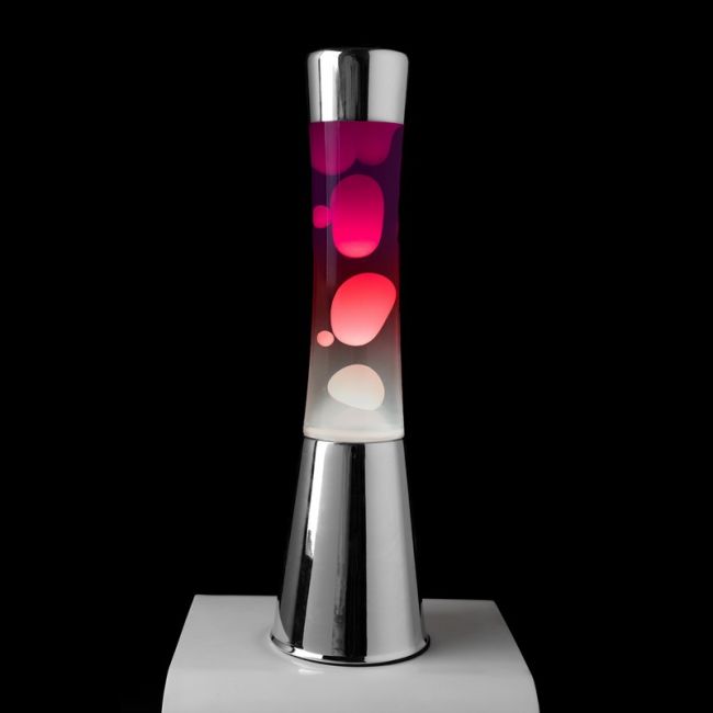 Fisura Grote Design Lavalamp met Witte & Rode Lava - Chrome op een zwarte achtergrond