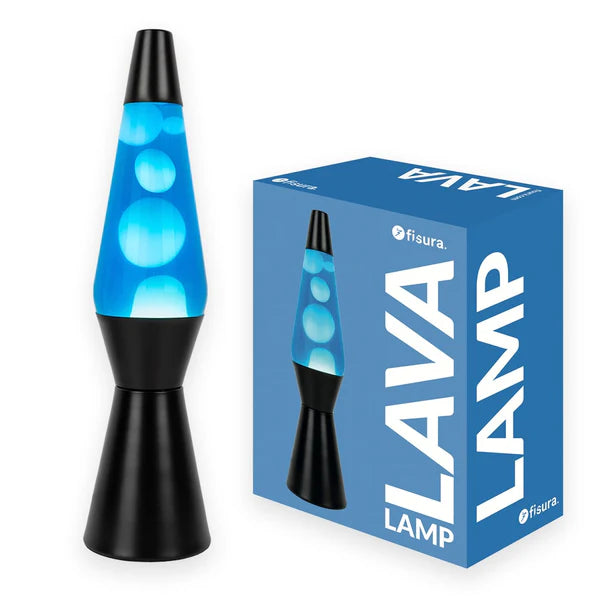 Een foto van de verpakking van de Fisura Kogelvormige Lavalamp met Blauwe Lava - Zwart.