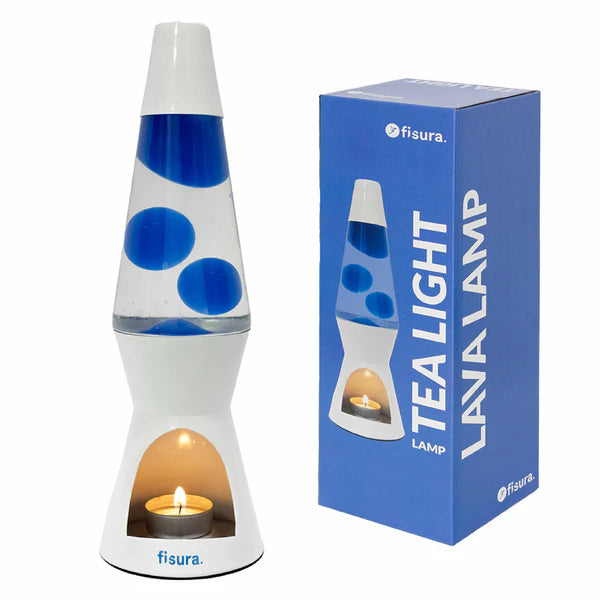 Een afbeelding van de verpakking van de Fisura Theelicht Lavalamp met Blauwe Lava - Wit.