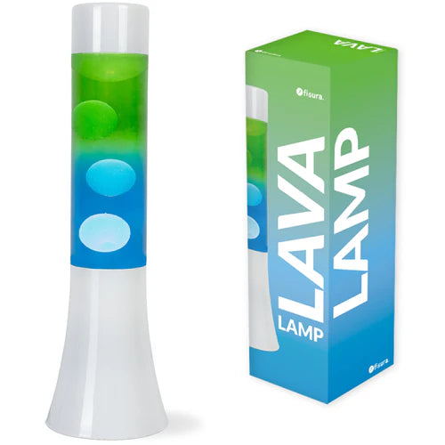 De verpakking van de Fisura Lavalamp met Blauwe & Groene Lava. 