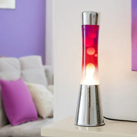 Fisura Grote Design Lavalamp met Witte & Rode Lava - Chrome op een kast