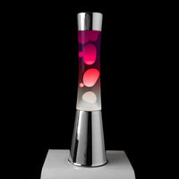 Fisura Grote Design Lavalamp met Witte & Rode Lava - Chrome op een zwarte achtergrond