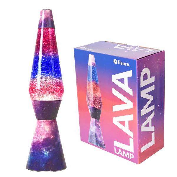 Een foto van de verpakking van de Fisura Kogelvormige Lavalamp met Paarse Lava & Glitter - Galaxy